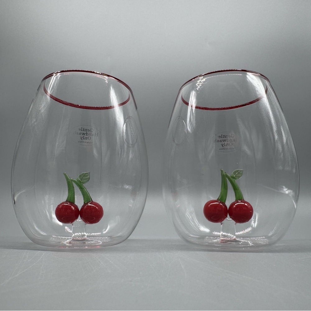 NEW Red Floating Cherries Cherry Stemless Wine Glass Set of 2 Red Trim 5”